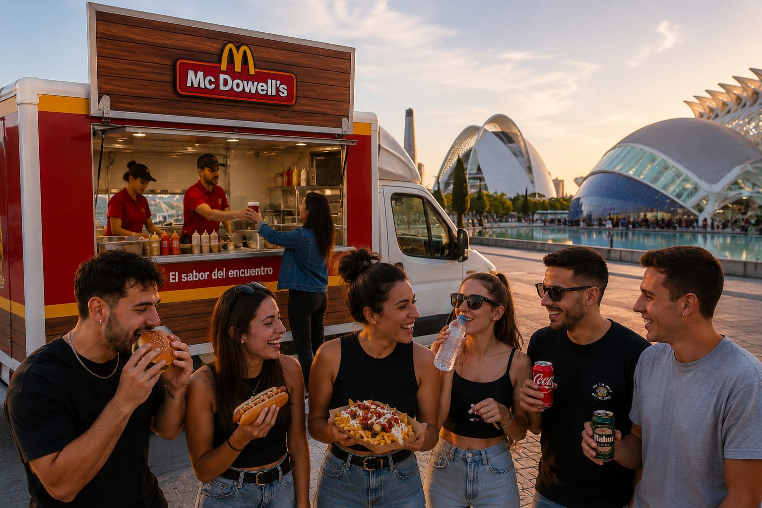 Food truck Mc Dowell's en Valencia con clientes disfrutando